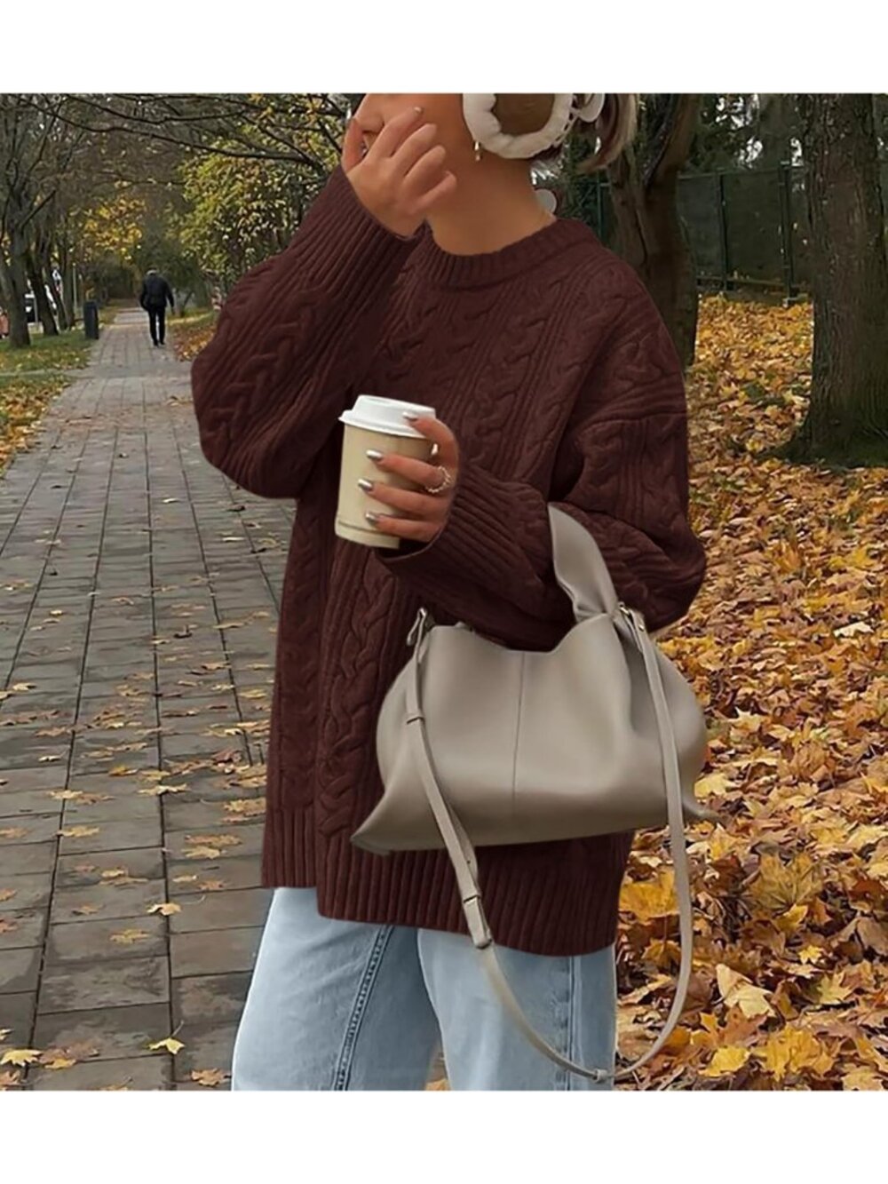 Women's Coffee Cozy Soft Chunky Textured Knit Crewneck Oversized Fashion Sweater - Picture 2 of 6